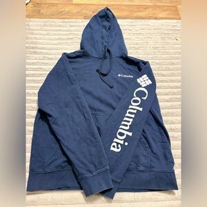 🔵 Columbia Navy Blue Pullover Hoodie | Men’s Size L | Logo Sleeve | Fleece Lined